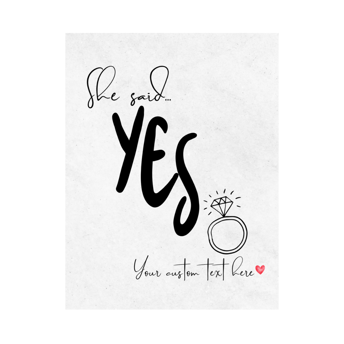 Close up of a customizable engagement wine label with 'She said... YES' text and a ring illustration on a white background. 