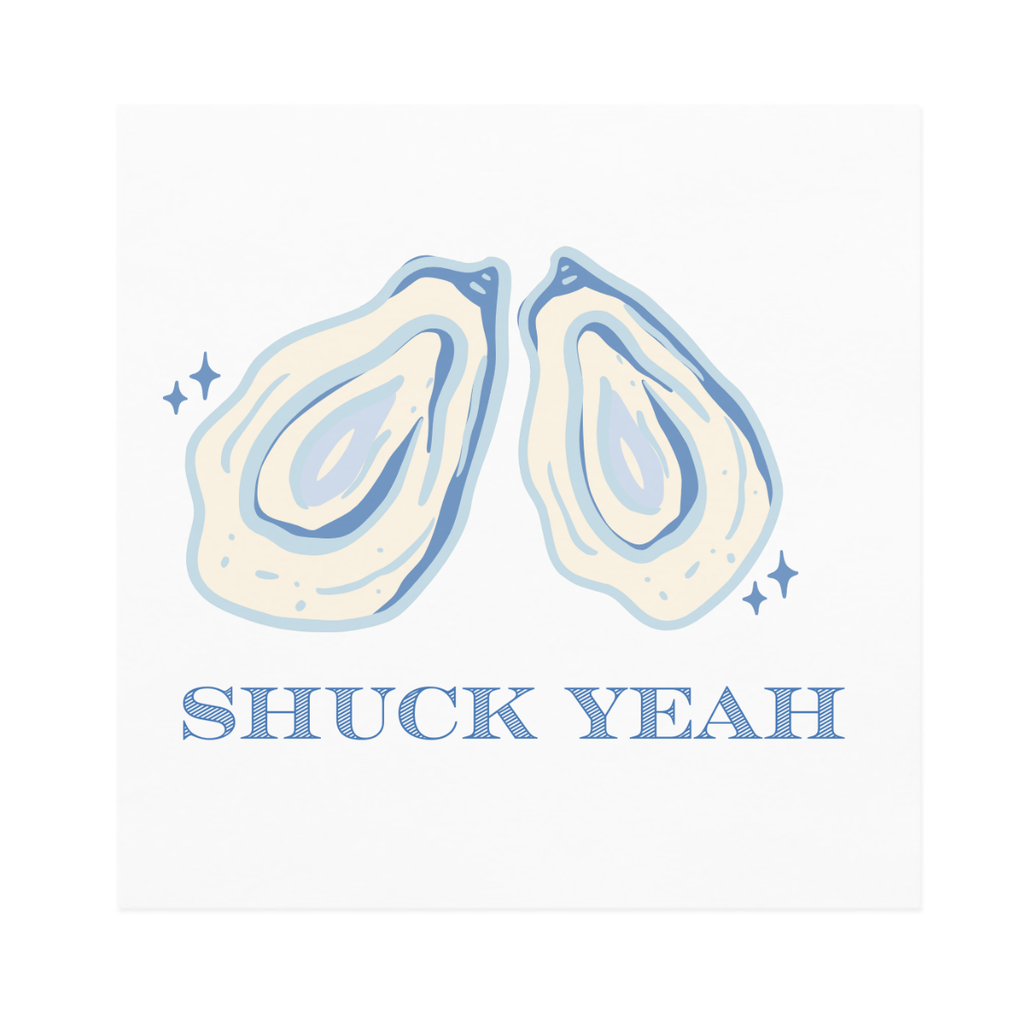 White cocktail napkins with an illustration of oyster shells with 'SHUCK YEAH' text are featured against a white background