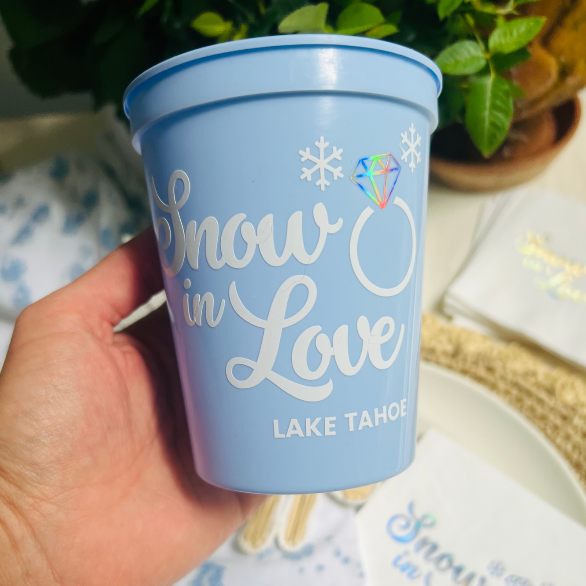 Snow In Love Customizable 16oz Stadium Cup | Snow In Love Engagement | Snow In Love Bachelorette