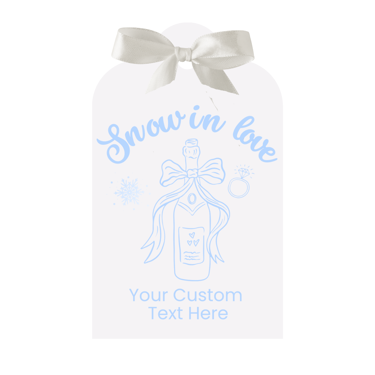 White gift bag with blue text and design, featuring a bow on top, on a white background.