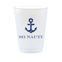 Clear frost flex cup with blue anchor and 'SO Nauti' text on a white background for boat parties, beach bachelorettes, and beach days