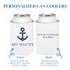 Two white can coolers with an anchor design and text space on a white background