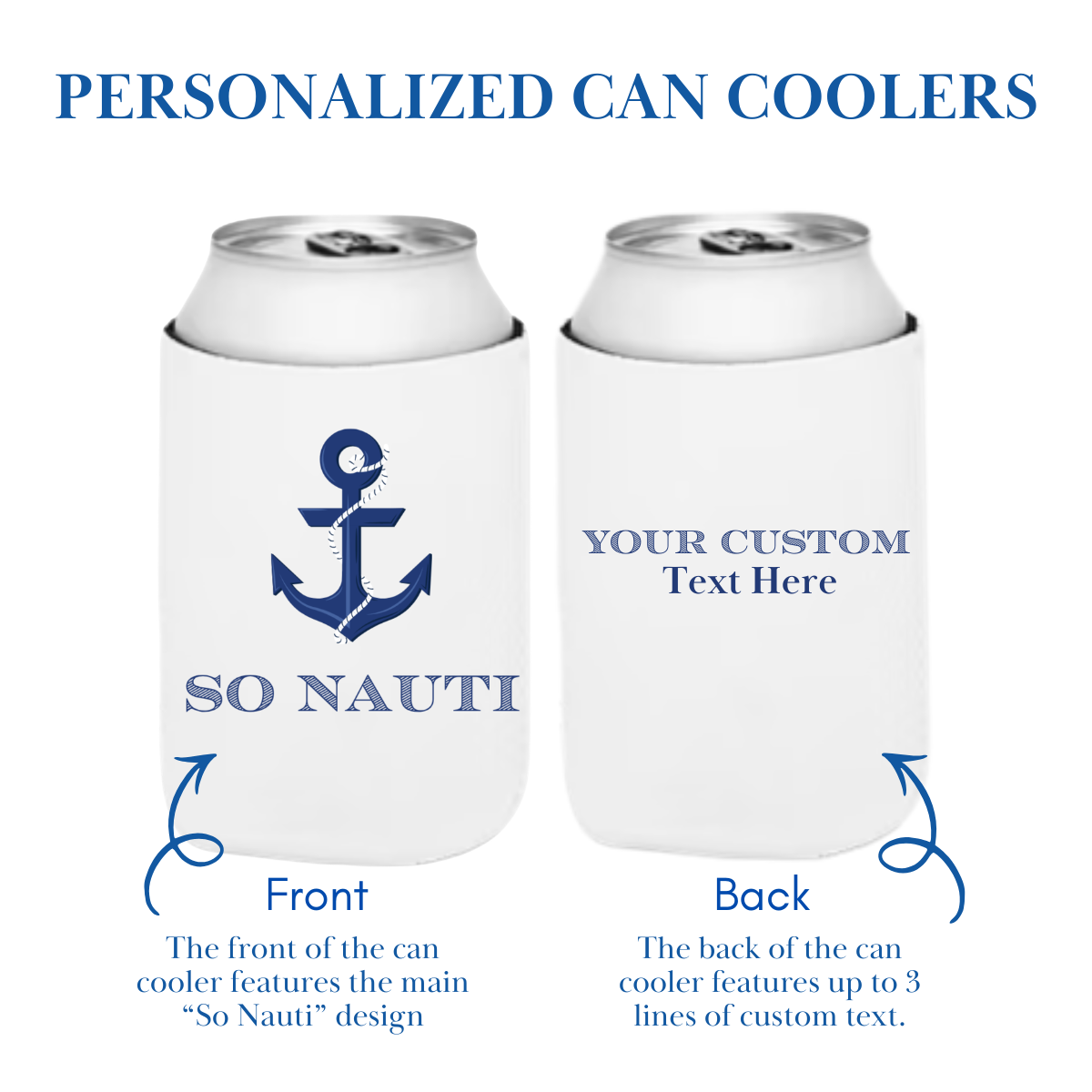 Two white can coolers with an anchor design and text space on a white background
