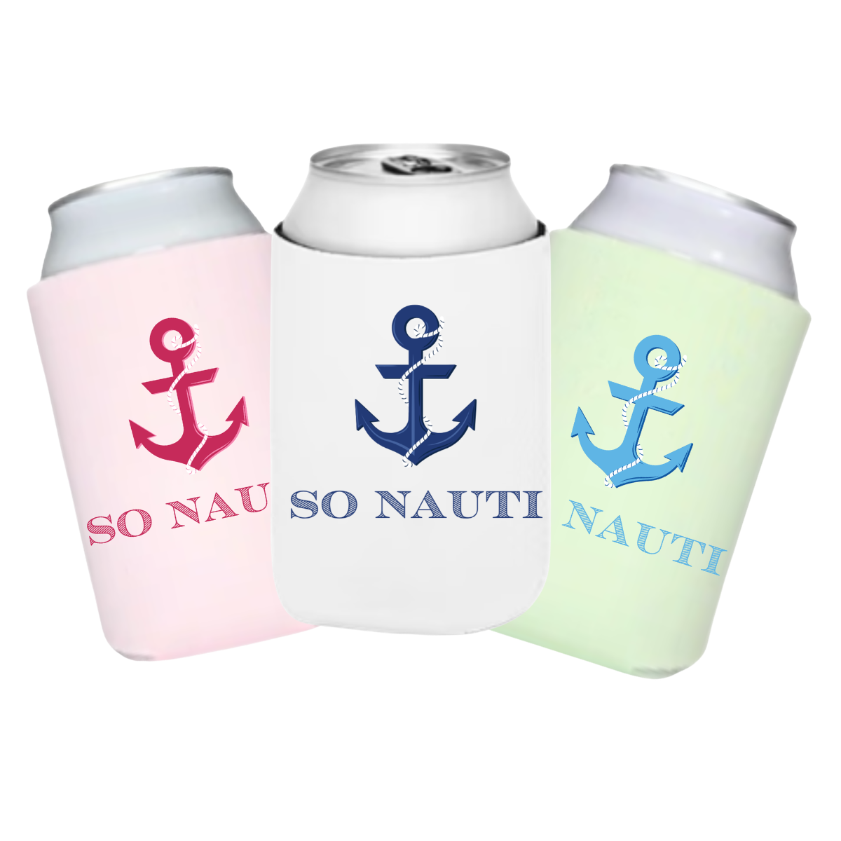 Three can coolers with anchor designs and 'SO NAUTI' text on a white background