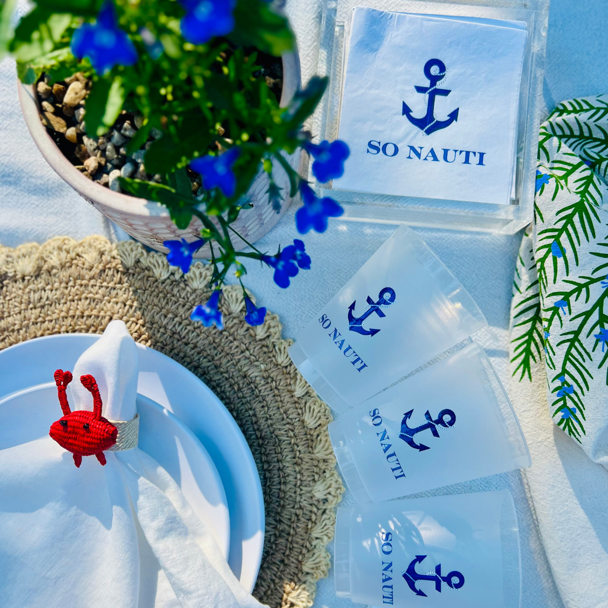 Clear frost flex cups with a blue anchor graphic and blue text that reads "So Nauti" for beach parties, boat parties, and coastal bachelorettes. The cups are shown alongside matching "So Nauti" cocktail napkins, and a plant with blue flowers.
