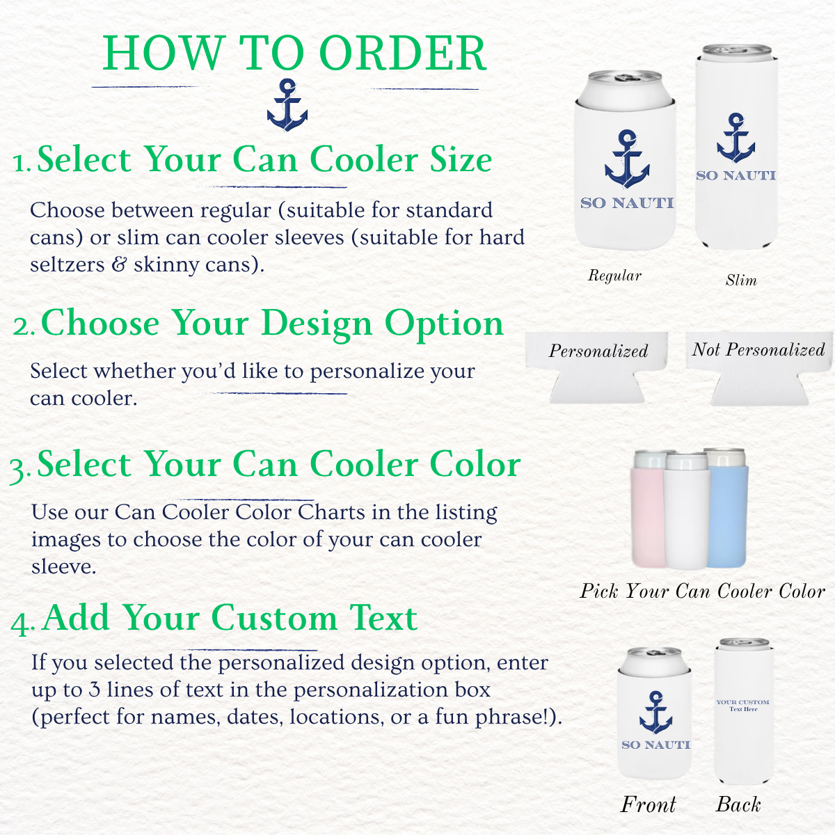 Instructions on how to order can coolers with design and color options displayed.