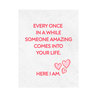 Fun valentine's day wine label is shown against a white background with text that reads "Every once in a while someone amazing comes into your life - here I am."