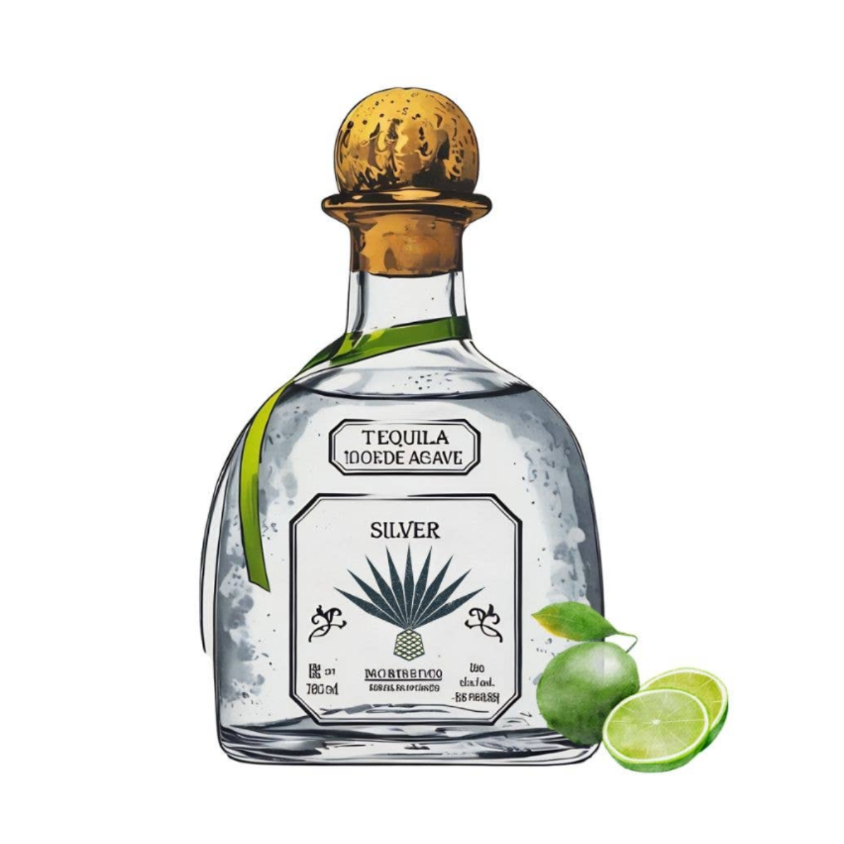 Acrylic napkin weight in the shape of a Tequila bottle with a gold cap and lime slices is shown on a white background