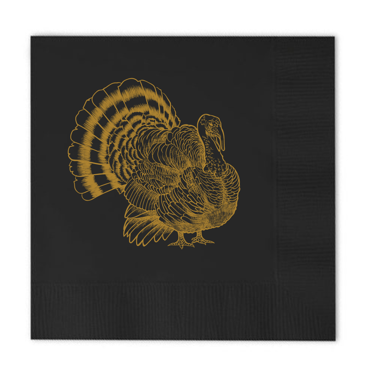 Thanksgiving Napkin in black featuring a gold foil stamped design of a turkey