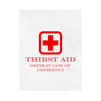 Funny Wine Label featured on a white background and showing the image of a red cross with the text "Thirst Aid - Drink In Case of Emergency" beneath. 
