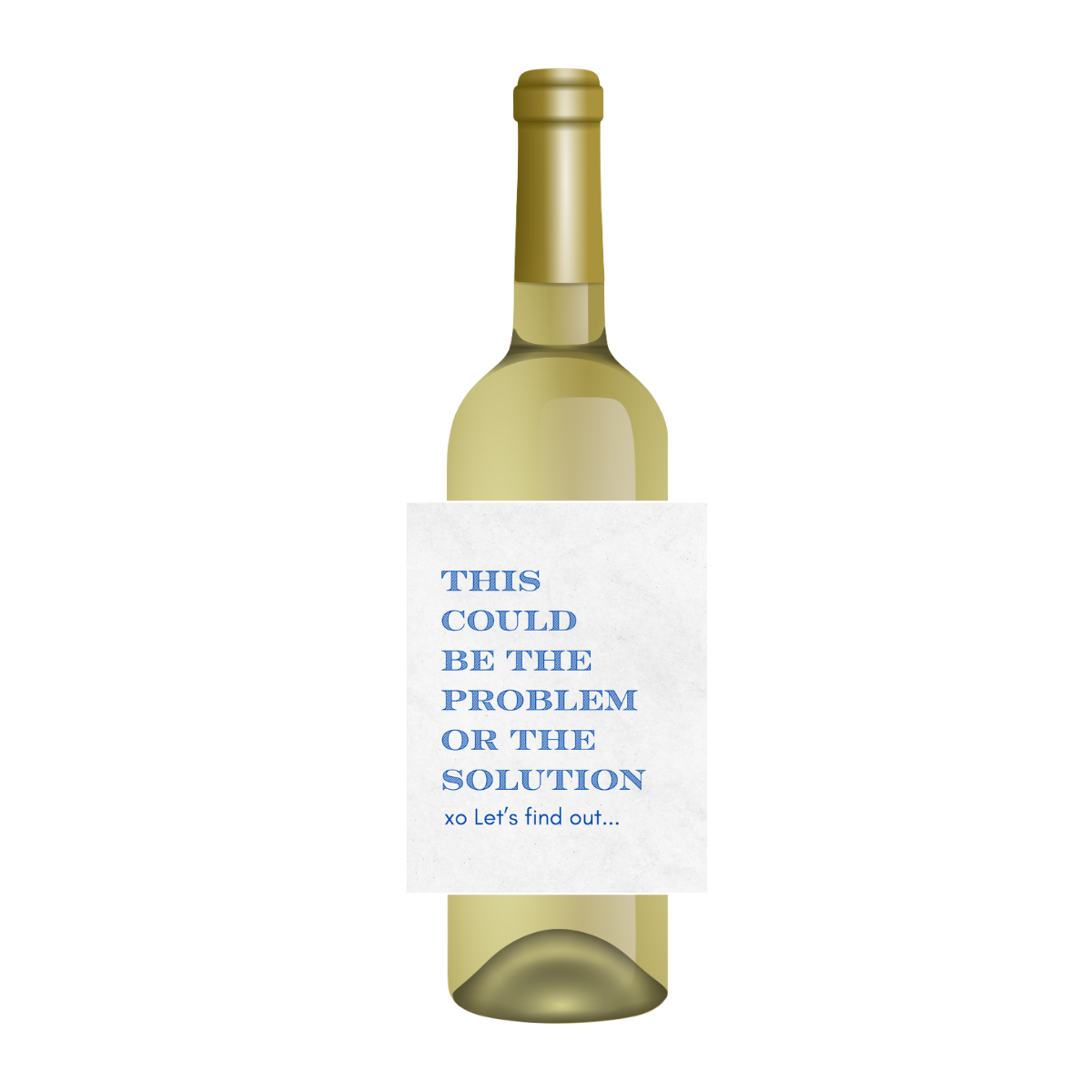 White wine bottle with a fun wine label that reads "This  Could Be The Problem Or The Solution xo Let's find out..." in blue font on a white label. The bottle is shown against a white background. Perfect for girls' nights in, breakups, the holidays, or just-because. 