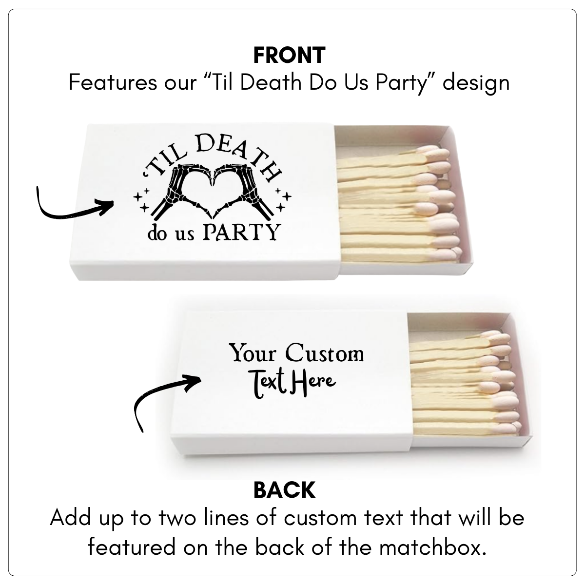 Custom matchbox packaging shown from the front and back on a white background. The front features a black graphic of two hands forming a heart with the text 'Til Death Do Us Party'.