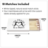 A white matchbox with a black graphic reading 'TIL DEATH do us PARTY' and '18 MATCHES INCLUDED' text above, plus dimension arrows showing height 0.38", width 1.38".