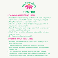Instructions for removing an existing wine label and applying a new one are given and include 'Sunshine Daisy' logo at the top of the information.