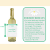 Wine label with dimensions and instructions for large wine bottles on a white background