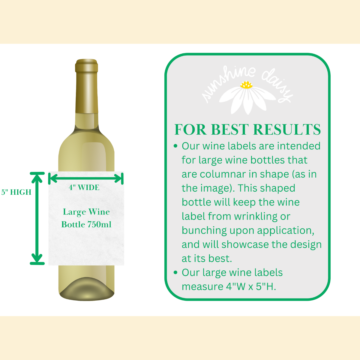 Wine label with dimensions and instructions for large wine bottles on a white background
