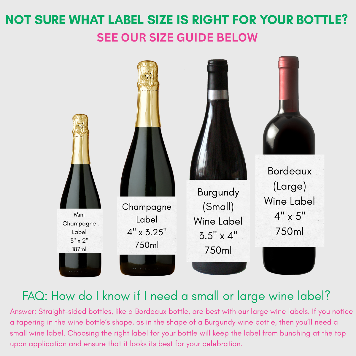 Wine bottles with labels of different sizes and shapes on a light gray background. The diagram helps to show people how to choose the right wine label for their bottle