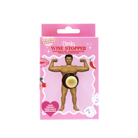 Wine stopper packaging with a man flexing muscles on a pink background