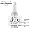 A 50ml mini liquor bottle with a clear glass body and white cap, shown on a white background with a printed sample label. Black text around it explains customization details and labels.