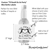 Customizable mini bottle label template shown on a clear bottle mockup with text annotations, dimensions (2" high, 2.1" wide), and print-color guidance on a white background.