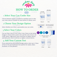 Instructions for ordering can coolers with a focus on size, design, color selection, and customization.