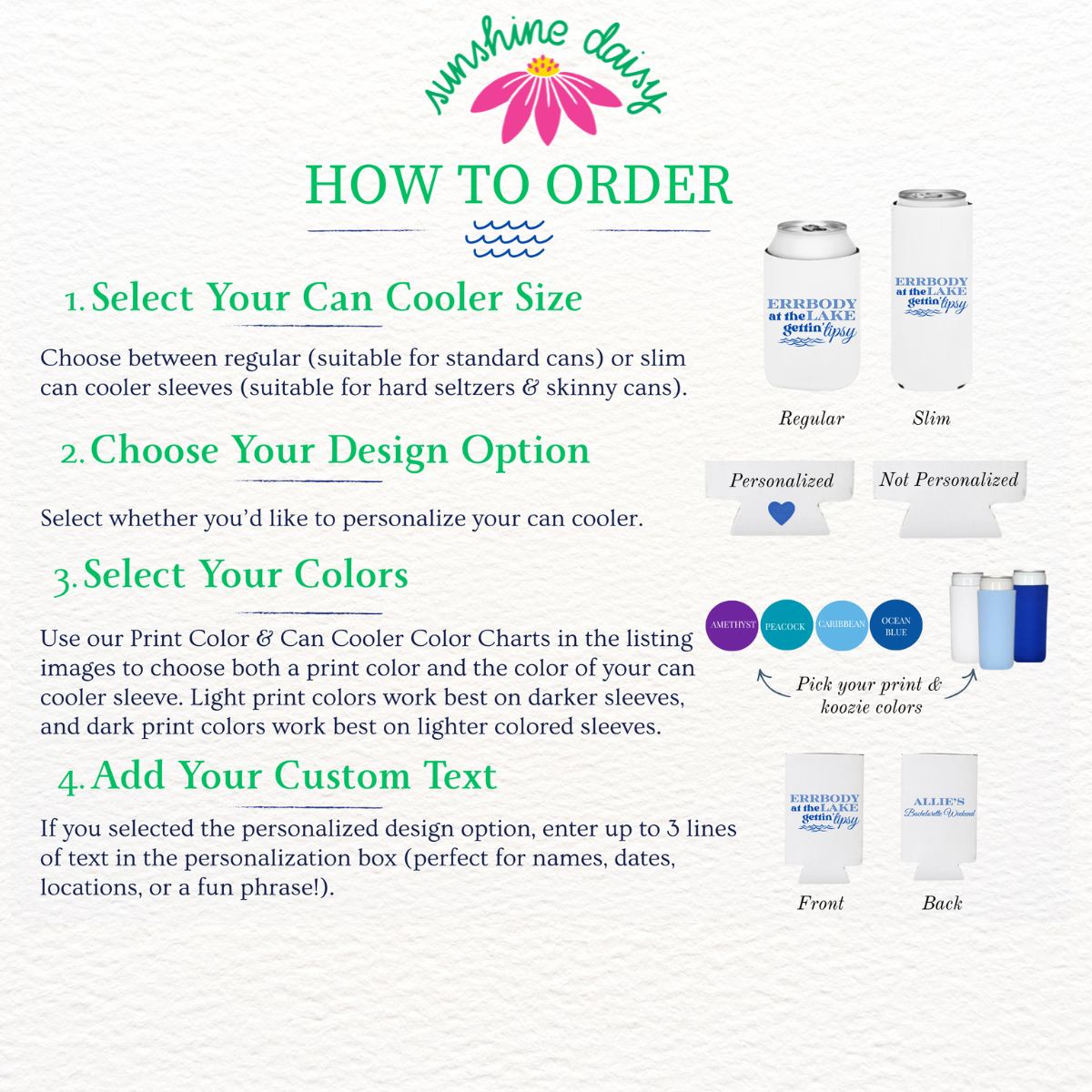 Instructions for ordering can coolers with a focus on size, design, color selection, and customization.